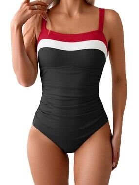 Aidonger Women's Ribbed One Piece Swimsuits Color Block Tummy Control Bathing Su
